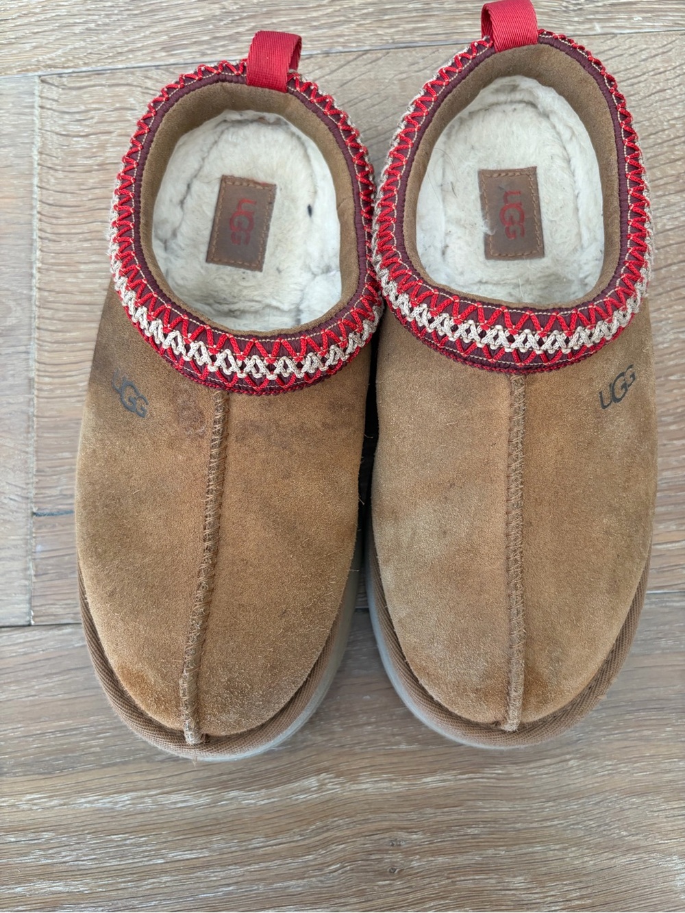 UGG Kids Chestnut Brown Suede Slip-On Slippers with Red & Cream Trim